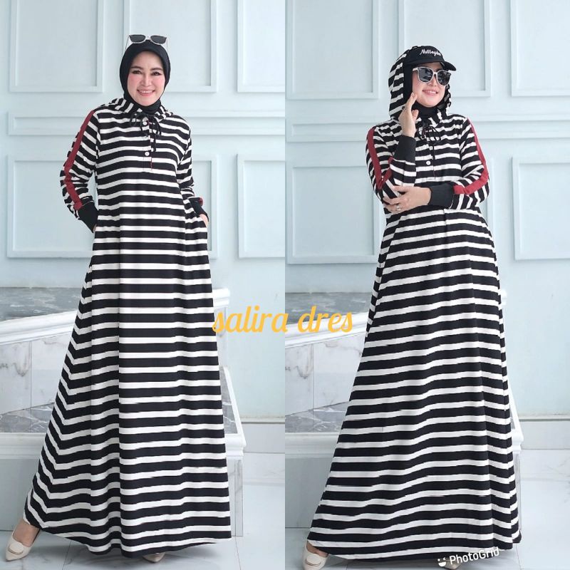 Gamis dress hoodie salira motif kaos garis horizontal sporty olahraga muslimah adem cantik keren cas