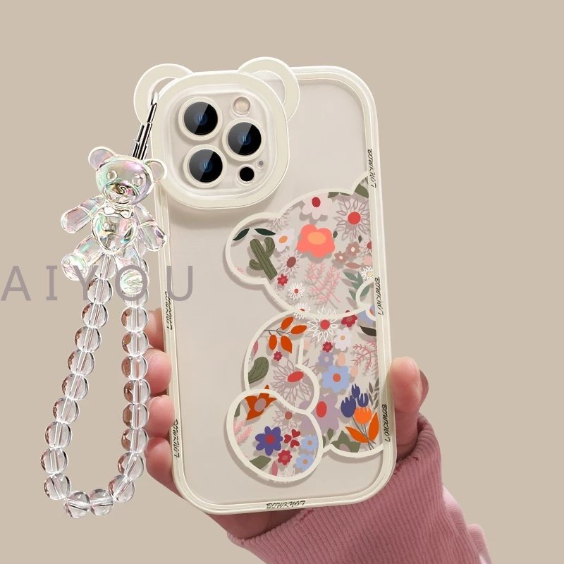 IPHONE Korea Lucu Bunga Beruang Hati Mutiara Gelang 3D Telinga Beruang Casing Ponsel Untuk Iphone14 13 12 11 Pro XS Max X XR Kawaii Shockproof Soft Cover