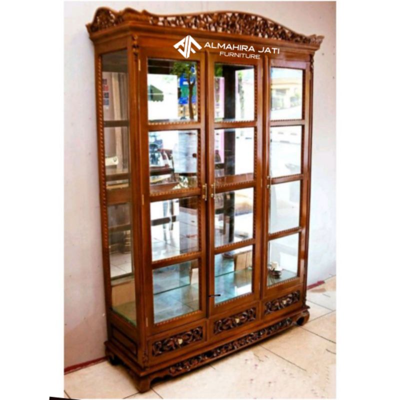PROMO LEMARI KACA JATI UKIR PALEMBANG || LEMARI KACA JATI UKIR JEPARA || LEMARI 3 PINTU KAYU JATI UK