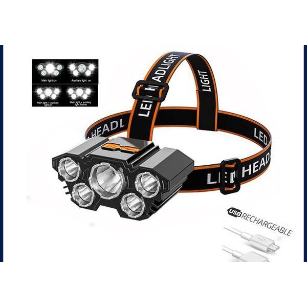 Senter Kepala Mini 5 LED / Headlamp USB Chargeable Flash Light Camping