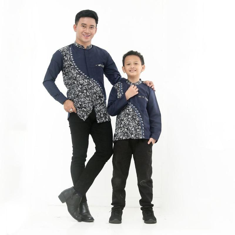 Koko Muslim Modern Lengan Panjang Couple Ayah &amp; Anak trisula Putih Bahan Katun Adem Bordir