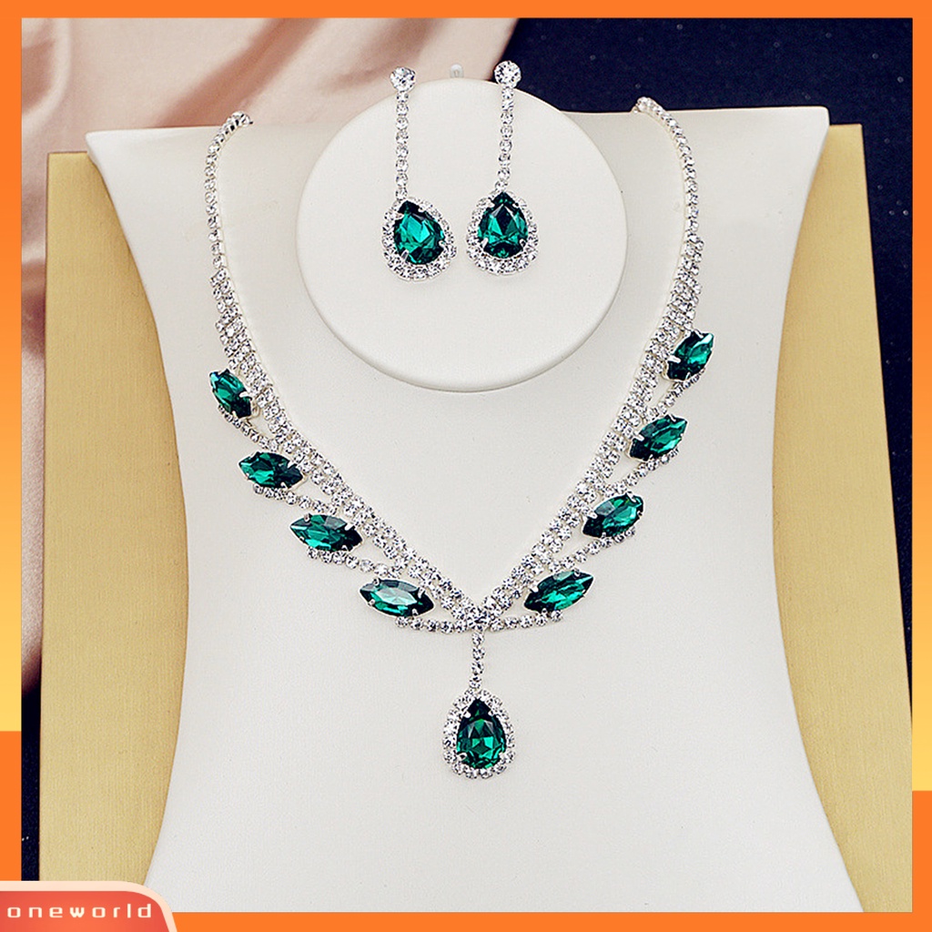 [oneworld] 1set Kalung Anting Pengantin Berbentuk Tetesan Air Perhiasan Berlian Imitasi Set Perhiasan Berkilau Elektroplating Untuk Pernikahan