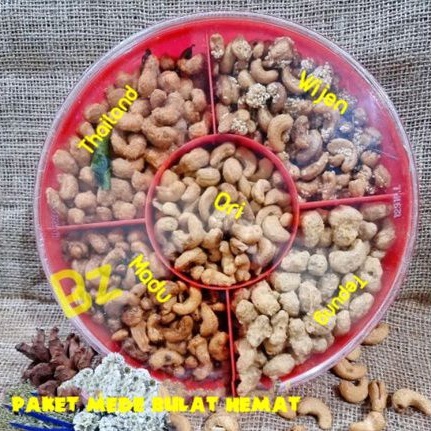 

paket hemat kacang mede/mente aneka rasa toples bulat sekat 5