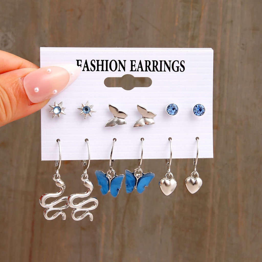 6 Pcs/Set Fashion Biru Kupu-Kupu Anting Set Untuk Wanita Individu Hati Ular Anting Perhiasan Aksesoris Pesta