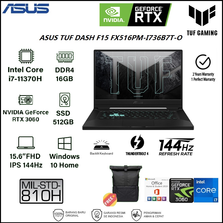 ASUS TUF DASH F15 FX516PM-I736B7T-O RTX3060 6GB i7-11370H 16GB 512GB WIN10 OHS