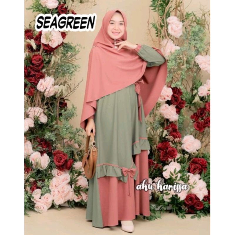 Gamis Muslimah Aku Karissa Yunisa Syar'i Set Hijab Bahan Ity Crepe Warna Army Mint Segera Black