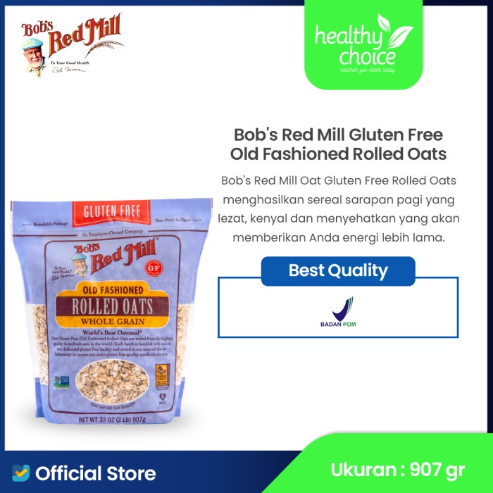 

[BISA COD] Bob's Red Mill Gluten Free Old Fashioned Rolled Oats Whole Grain 907 g