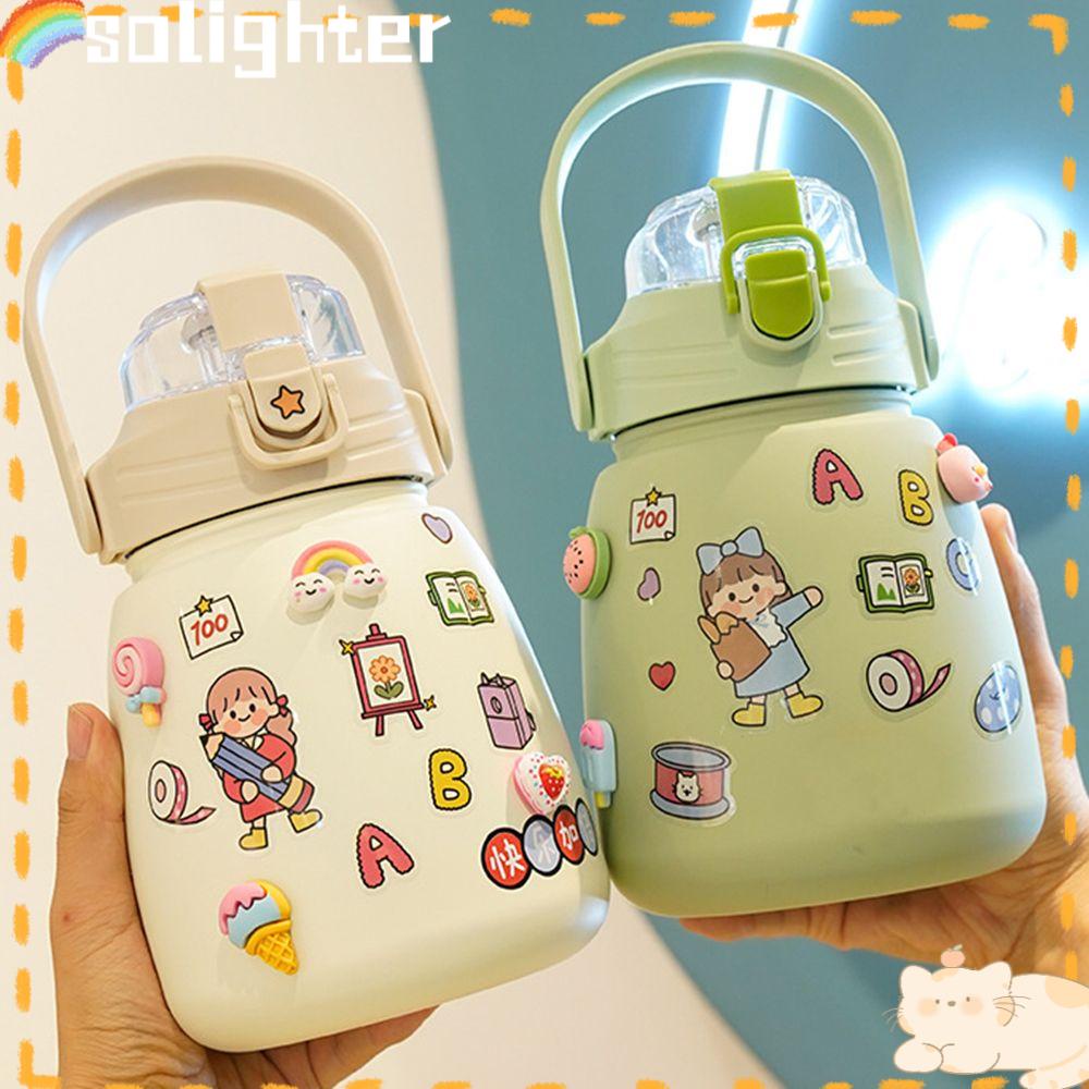 Solighter Botol Air Minum Outdoor Anak Travel Water Cup 1000ML Kartun Sedotan Tempat Minum