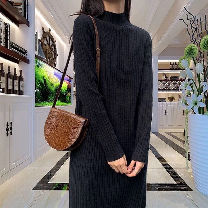 Knit Midi Dress Turtleneck Rajut