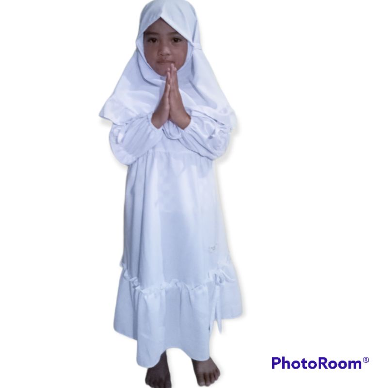gamis putih anak perempuan rumple pita/baju manasik haji anak perempuan TK/baju muslim anak perempua