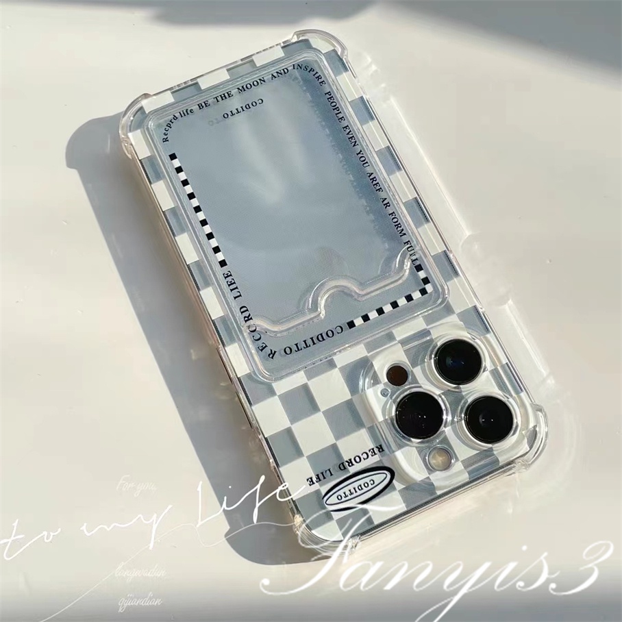 Compatible For IPhone 14 13 12 11 Pro Max X XR Xs Max 8 7 Plus SE 2020 Kompatibel Untuk Putih Kotak-Kotak Tempat Kartu Ponsel Case Bening TPU Lembut Cover Pelindung