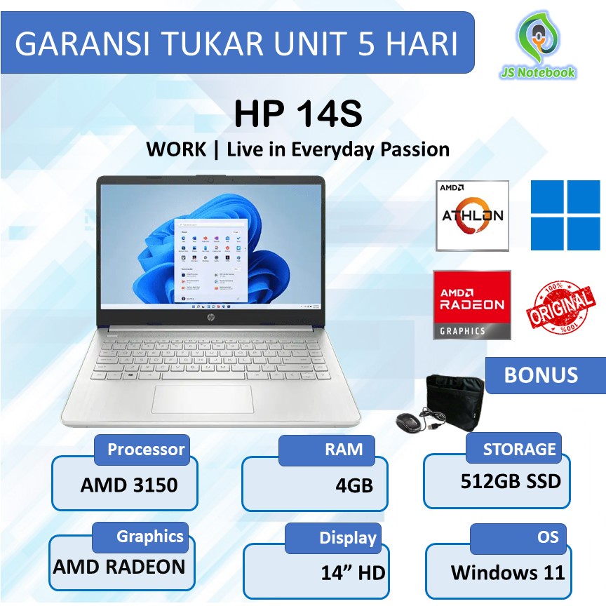 HP 14S FQ0564 ATHLON GOLD 3150 4GB 512SSD WINDOWS 11+OHS