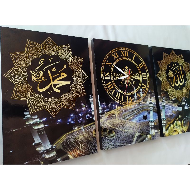 Jam custom kaligrafi foto masjidil haram mekah 1 set ukuran besar