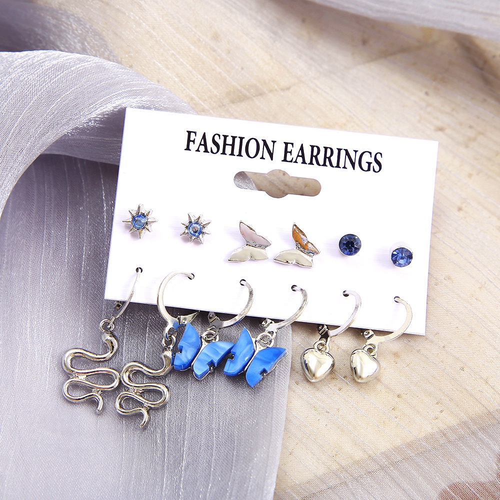 6 Pcs/Set Fashion Biru Kupu-Kupu Anting Set Untuk Wanita Individu Hati Ular Anting Perhiasan Aksesoris Pesta