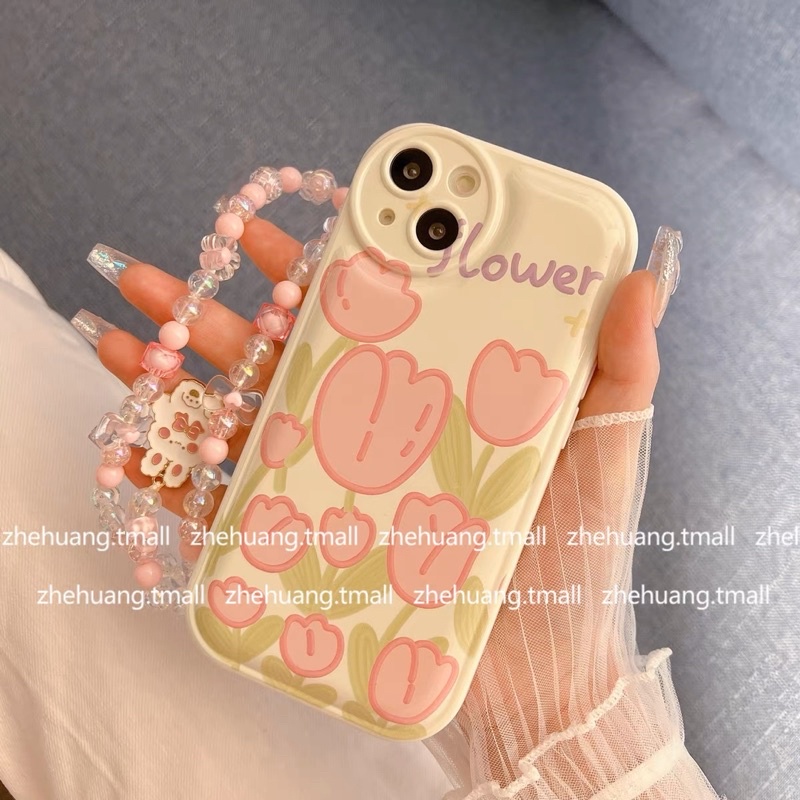 Pink Tulip Field Soaftcase Case HP Lucu forg iphone XR 11 Pro Max 12 Pro Max 13 Pro Max 14 Pro Max