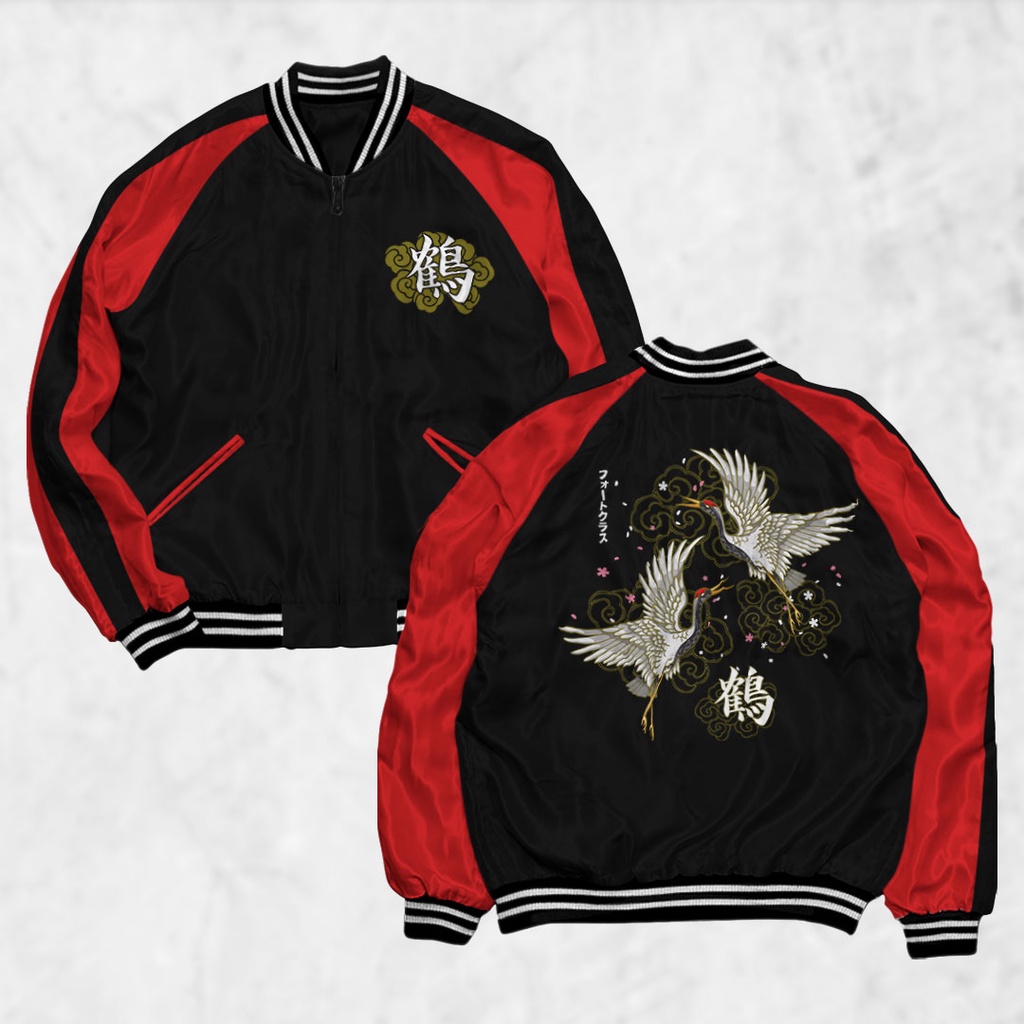 Fortglass Jaket Sukajan Motif CRANE Sablon Jaket Pria Wanita Distro Unisex Japan Premium Original