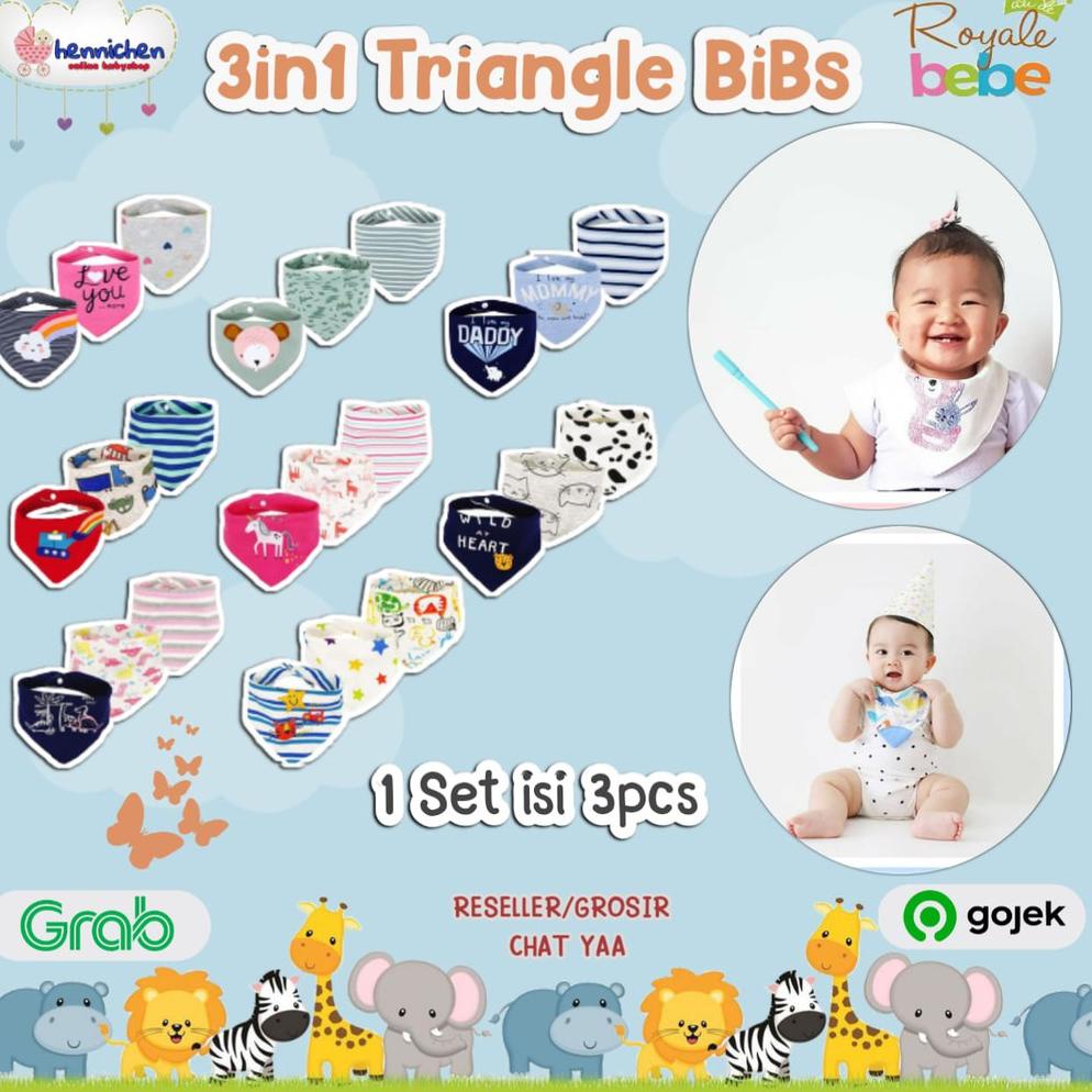 00HNT8196 Royale Bebe 3 in 1 Bib segitiga 3 Pcs bib bayi slabber bayi celemek bayi isi 3 PCS