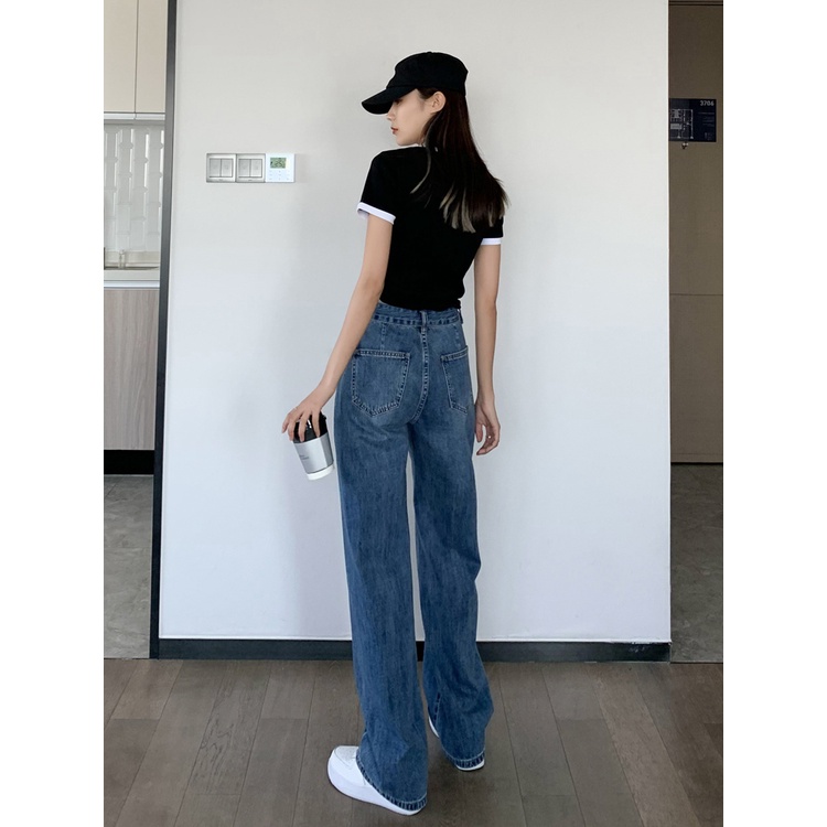 Korean Jeans Wanita Highwaist Biru laut Celana Panjang Jeans Wanita Loose Import