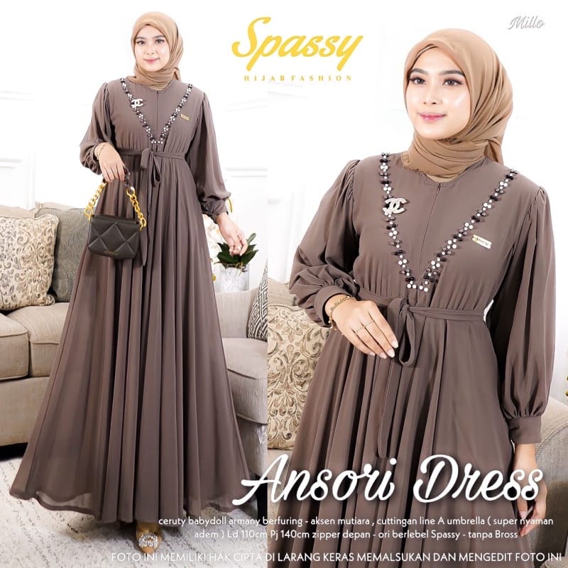 Ansori Dress Kondangan Sage Gamis Wanita Kekinian Busui Friendly Gaun Pesta Muslimah Ceruty Babydoll Aksen Mutiara Baju Wanita Jumbo