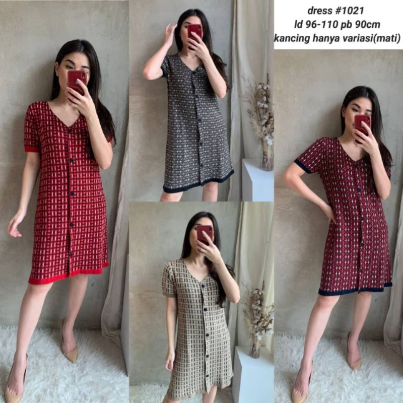 DRESS RAJUT ABSTRAK VNECK BASIC VARIASI BUTTON ACTION PREMIUM TERUSAN RAJUT TANGAN PENDEK KNIT FULL 