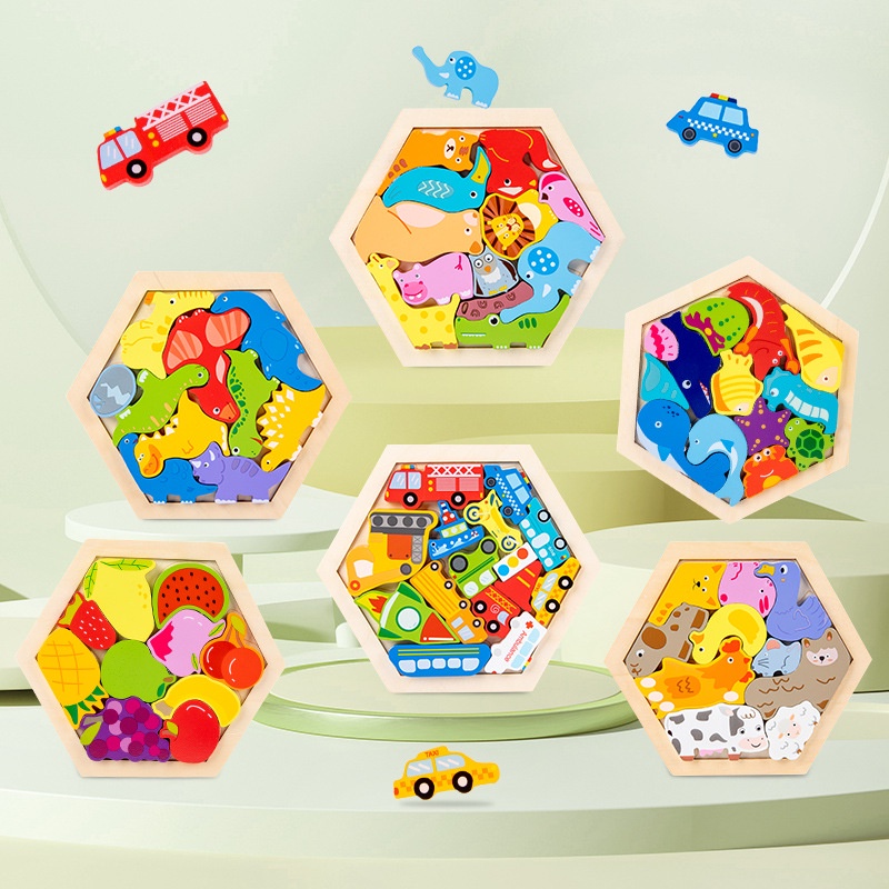 HZ Puzzle 3D Hexagon Animal Wooden Montessori Wooden Chunky Hexagon Puzzle Mencocokan Bentuk Karakter