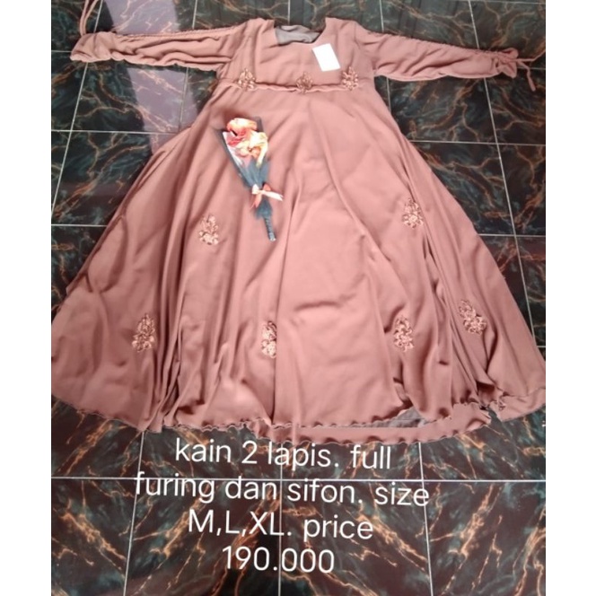 gamis syar'i sifon coklat full furing dress remaja dewasa sifon anti nrawang full furing