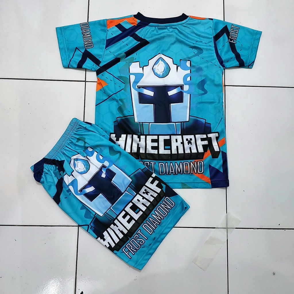 stelana anak minicraft full printing/baju kaos celana minicraft printing size 2-10thn