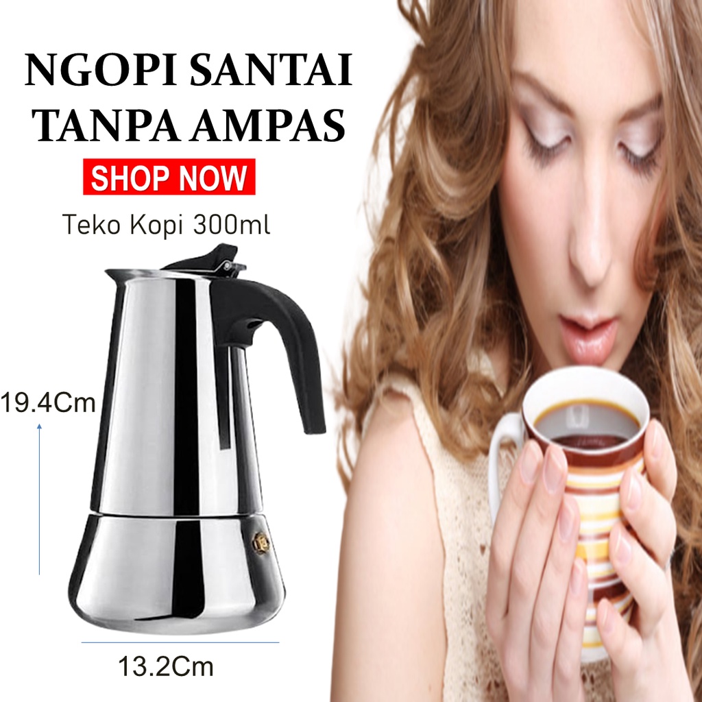 Teko Kopi Tanpa Anpas Stainless Moka Pot 300ml Teko Kopi Espresso Stainless Alat Penyeduh Kopi tanpa Ampas Peralatan Kopi Coffee Pot 6 Cup