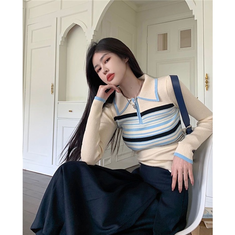 YIU YIU Rajut - Baju Rajut Wanita Lengan Panjang Stripe Sweater Wanita Korea