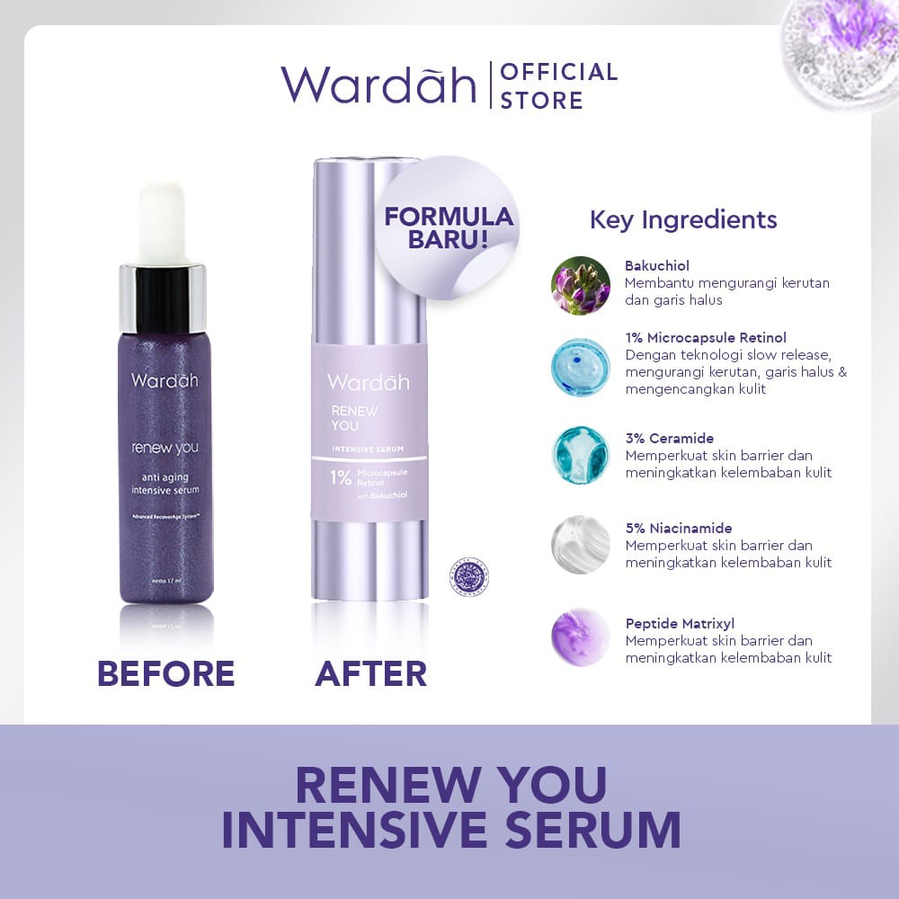 Wardah Serum Renew You Anti Aging Intensive 30 ml/ 15 ml dengan RETINOL (Kemasan BARU) - Skincare Samarkan Garis Halus Keriput Ungu BPOM Serum Retinol Anti Aging