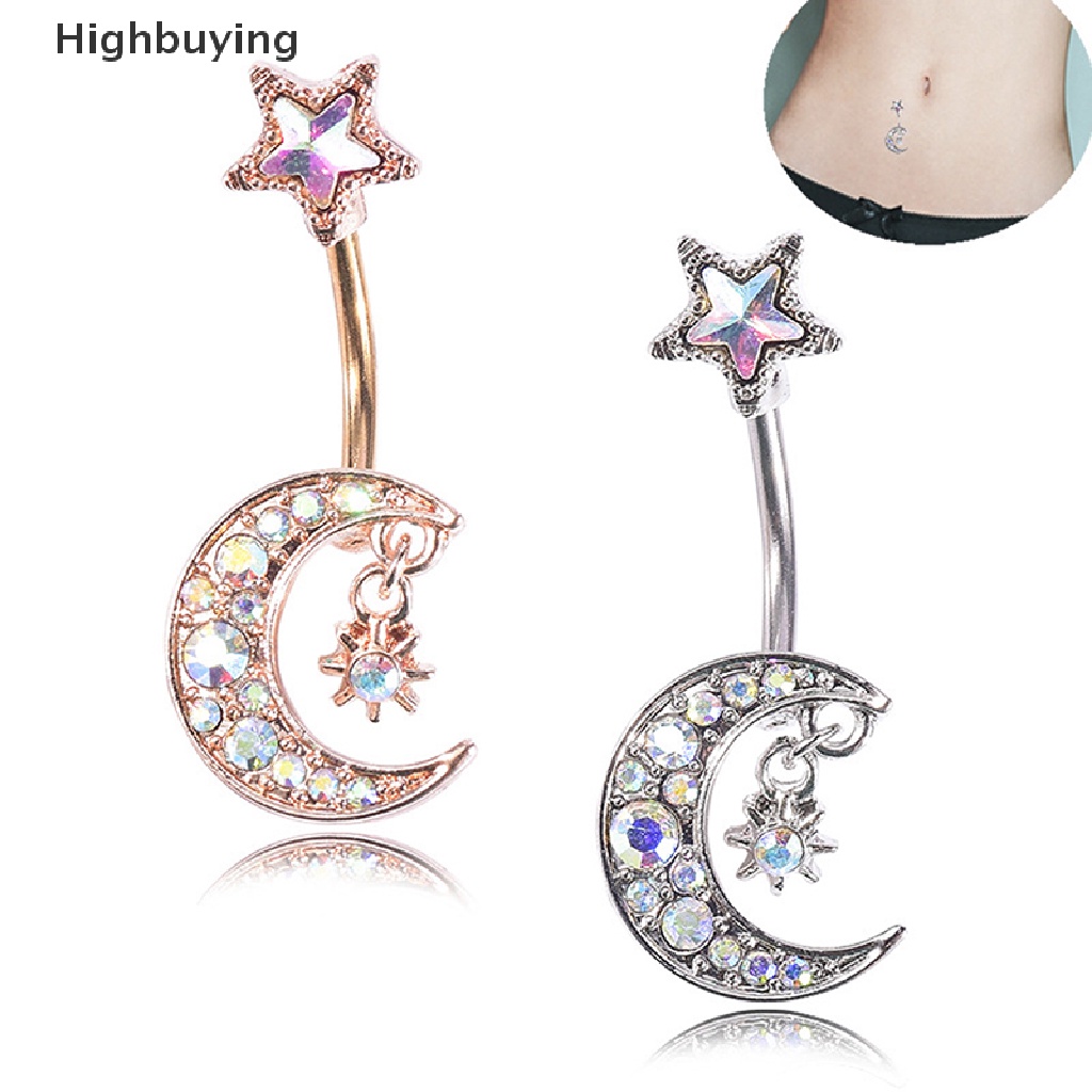 Hbid Cincin Pusar Belly Button Bar Kristal Bulan Bintang Menjuntai Perhiasan Tubuh Glory