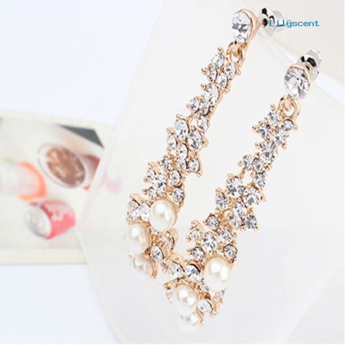 [LS] Elegan Fashion Wanita Mutiara Berlian Imitasi Menjuntai Lampu Gantung Drop Earrings Perhiasan