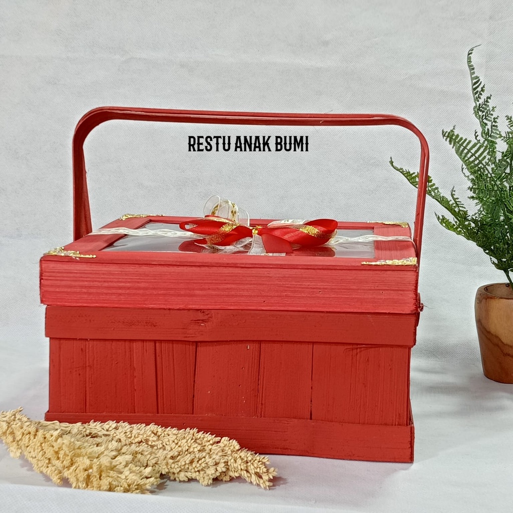 (A035) Kranjang Transparan Cat Merah Pita Gliter 25cmx25cm kotak seserahan hampers unik | Hantaran |