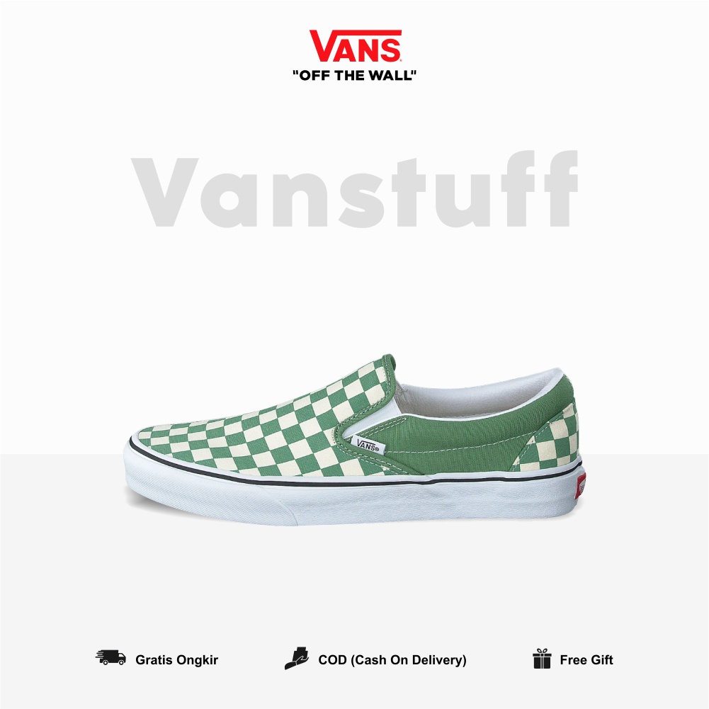 Vans Slip On Clasic Checkerboard Shale Green Tru White Couple Pria dan Wanita Original 100% BNIB Global Market Authentic Guarated Catur Ori