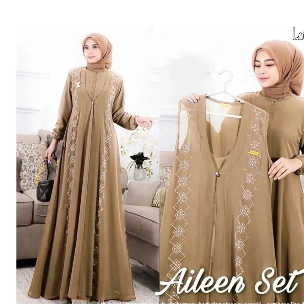 Aileen set Gamis set iner outer terbaru Gamis pesta kekinian Fashion wanita muslimah terbaru 2023