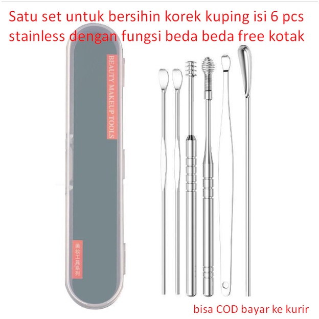 Satu set untuk bersihin korek kuping isi 6 pcs stainless dengan fungsi beda beda free kotak