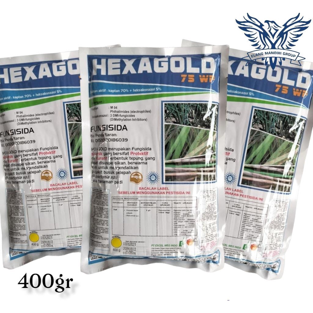 Fungisida HEXAGOLD 75wp 400gr Bahan aktif Kaptan 70% dan Hekzakonazol 5% Untuk Mengendalikan Penyakit Busuk Pelepah pada Tanaman Padi Heksa Orthocide Anvil Kontaf Kontaf plus