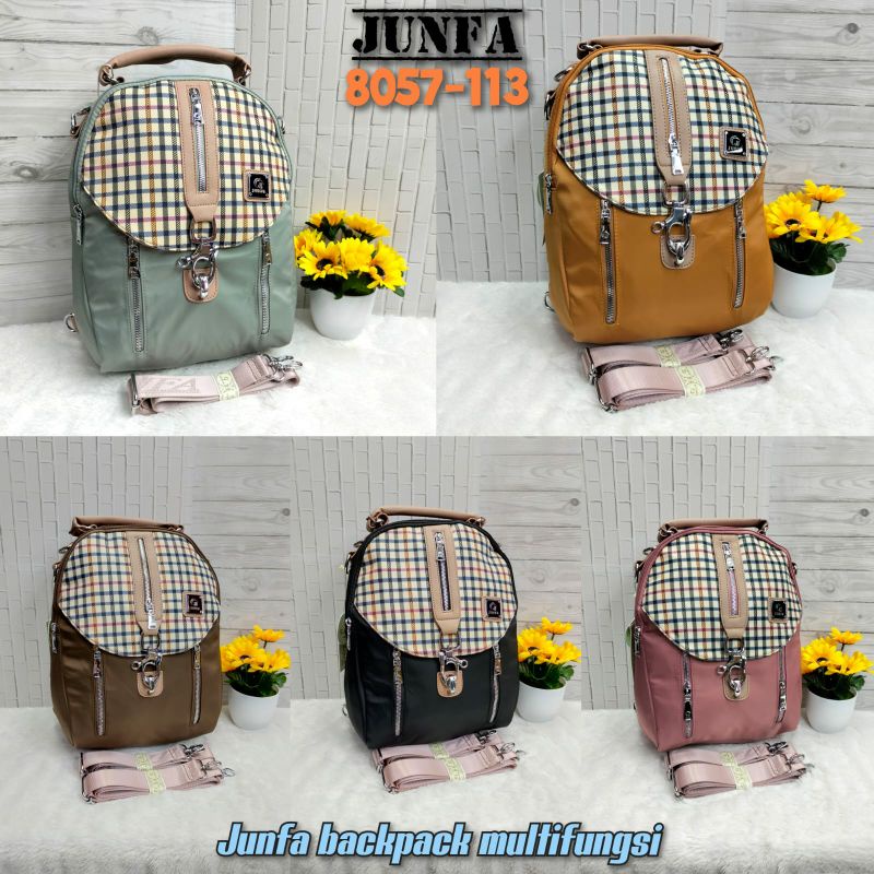 Tas ransel wanita junfa multifungsi motif kotak kotak 8057-113 Bahan parasut kualitas original