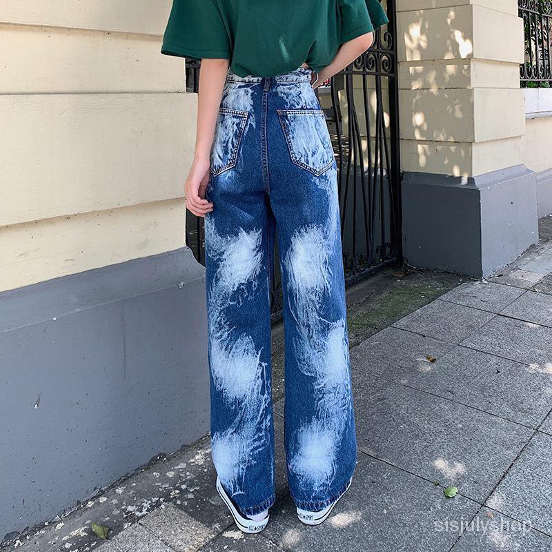 #Sisjuly# Jeans Tie-Dye Wanita Ukuran Besar Pinggang Tinggi Pinggang Lebar Kaki Lurus Celana Sandal