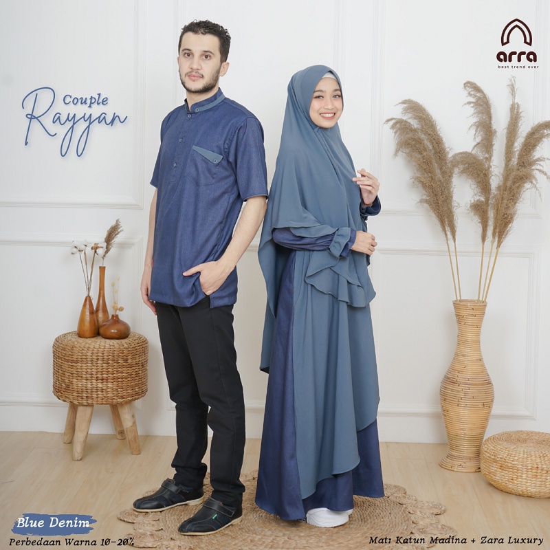 Baju Couple Keluarga Muslim Lebaran Pasangan Kekinian Keluarga Muslim Ayah Dan Ibu Laki Laki Dan Perempuan Kondangan Brand Arra Rayyan Warna Biru Blue Terbaru 2024