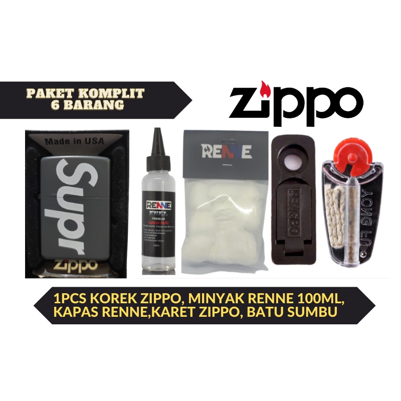 Paket Lengkap Korek Zippo Abu-Abu Matte Supreme plus minyak kapas batu sumbu karet tutup zippo