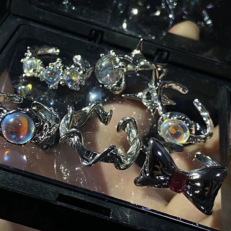 Korea Cincin Kristal Untuk Wanita Bersinar Opal Tidak Teratur Terbuka Rings Vintage Geometris Y2k Baru Trendi Kreatif Jari Perhiasan