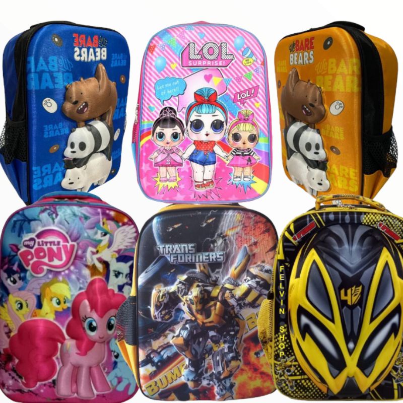 Tas Ransel Sekolah Anak SD Cewek Cowok Bahan Hardcover Import Kualitas Super Premium Motif Superhero Kartun Unicorn Beruang