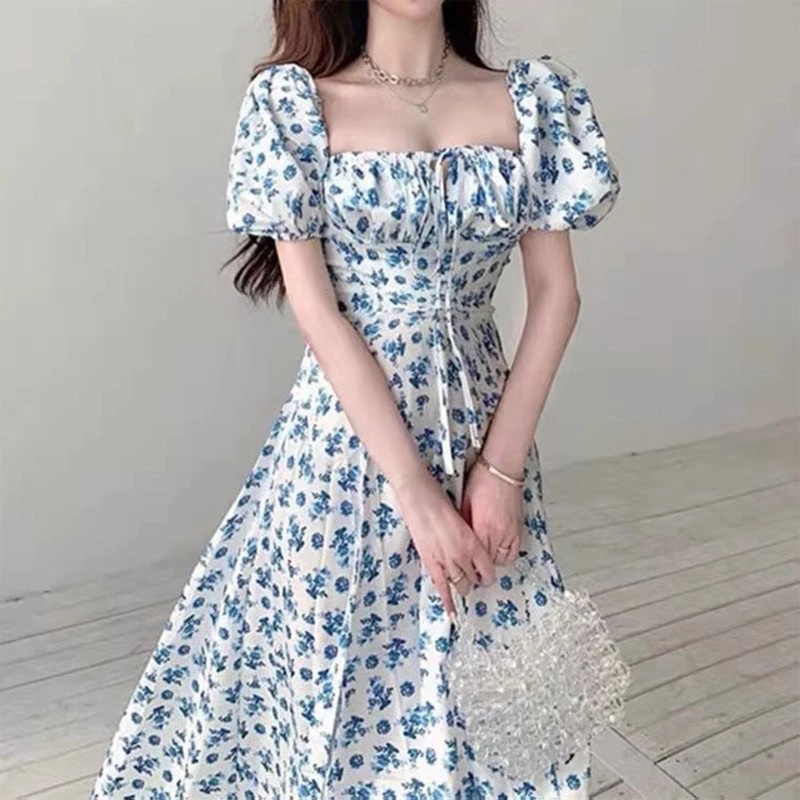 Dress Korea Square Neck Floral Slit Maxi long Dres Gaun Wanita Motif Bunga
