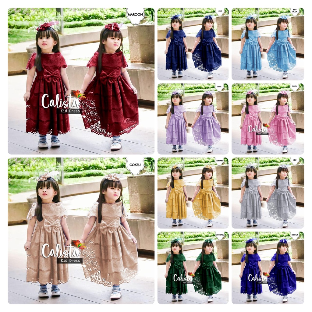 DRESS CALISTA KID FASHION PAKAIAN ANAK PEREMPUAN BAHAN BRUKAT LAPIS FURING JCHM