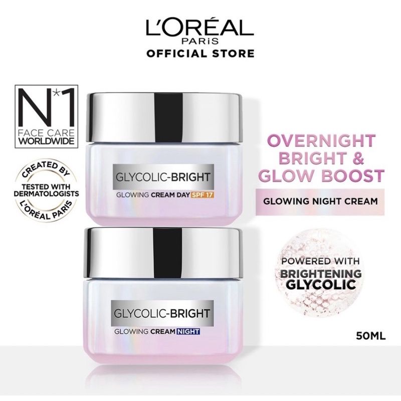 L'Oreal Paris Glycolic Bright Glowing - Day & Night Cream | loreal cream pagi dan malam 15 gram , se