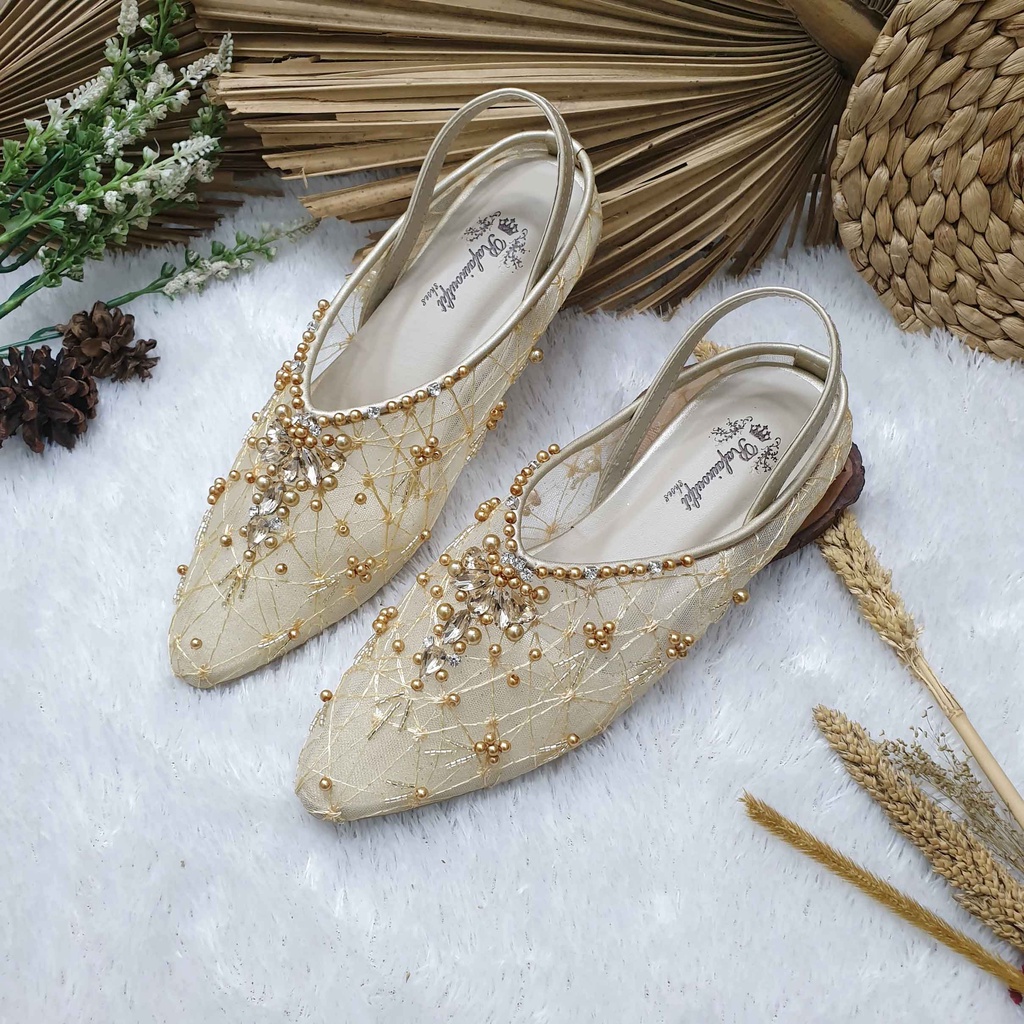 Flatshoes wedding pesta cantik Lauriena gold hak 1cm