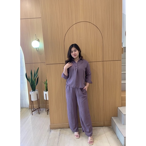 JOSHIN Manda Set Crinkle Poly - Setelan Kemeja Celana Kulot