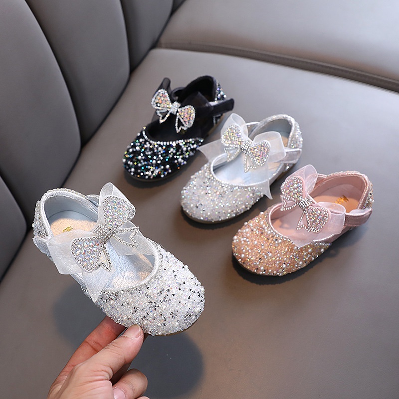 SH16-Sepatu Pesta Anak Perempuan Flat Import Blink Aksen Pita Lace Mutiara