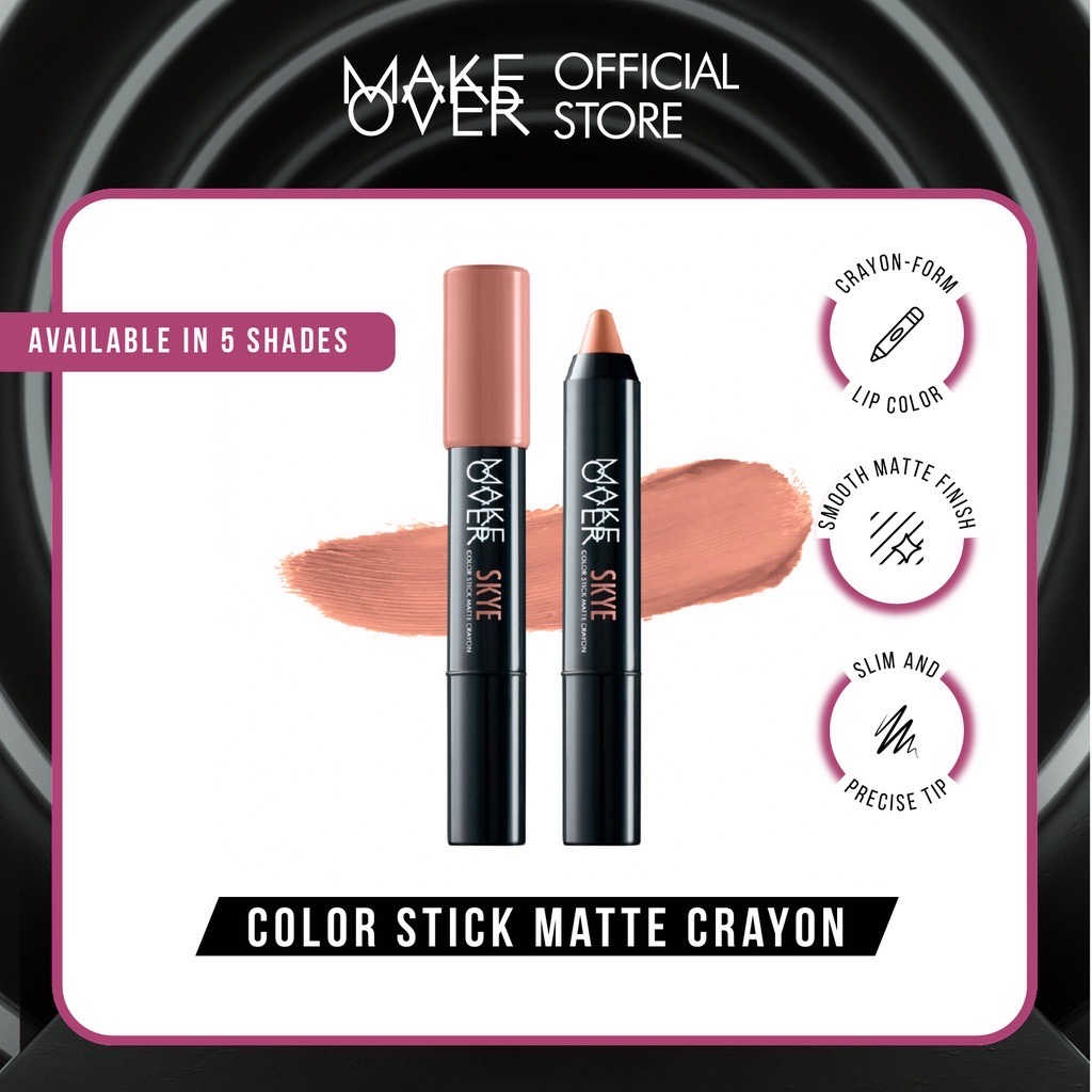 MAKE OVER Color Stick Matte Crayon Indonesia / Lipstick 2.6g / Crayon Form Lip Color Smooth Matte Finish Slim And Precise Tip / 101 Brooklyn 102 Iris 103 Harper 104 Blake 105 Skye / Makeup Cosmetic Lips Make Up Lipstik Kosmetik Bibir Gincu Makeover Series